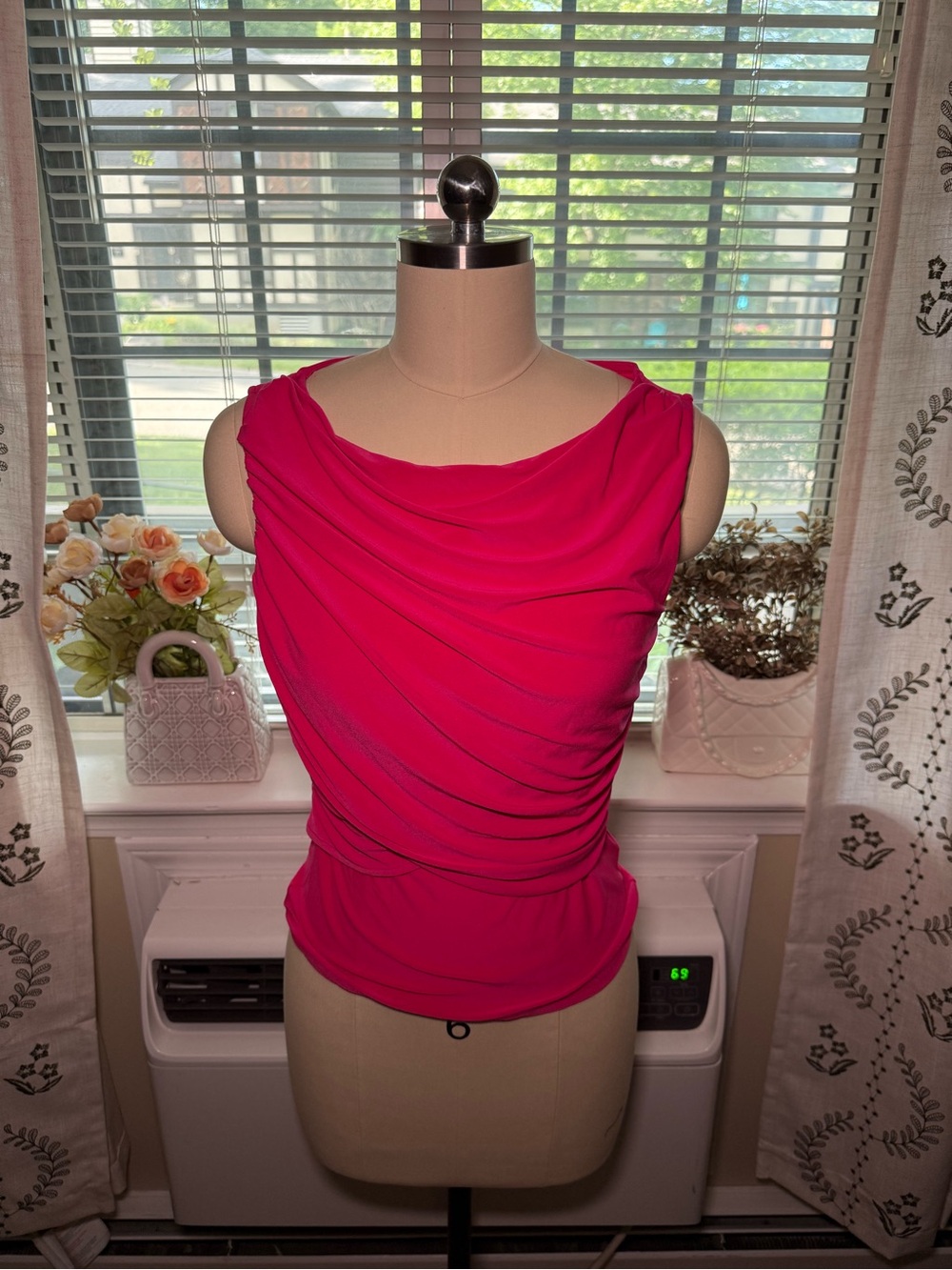Express Draped Sleeveless Cowl Neck Tank in Bright Pink
